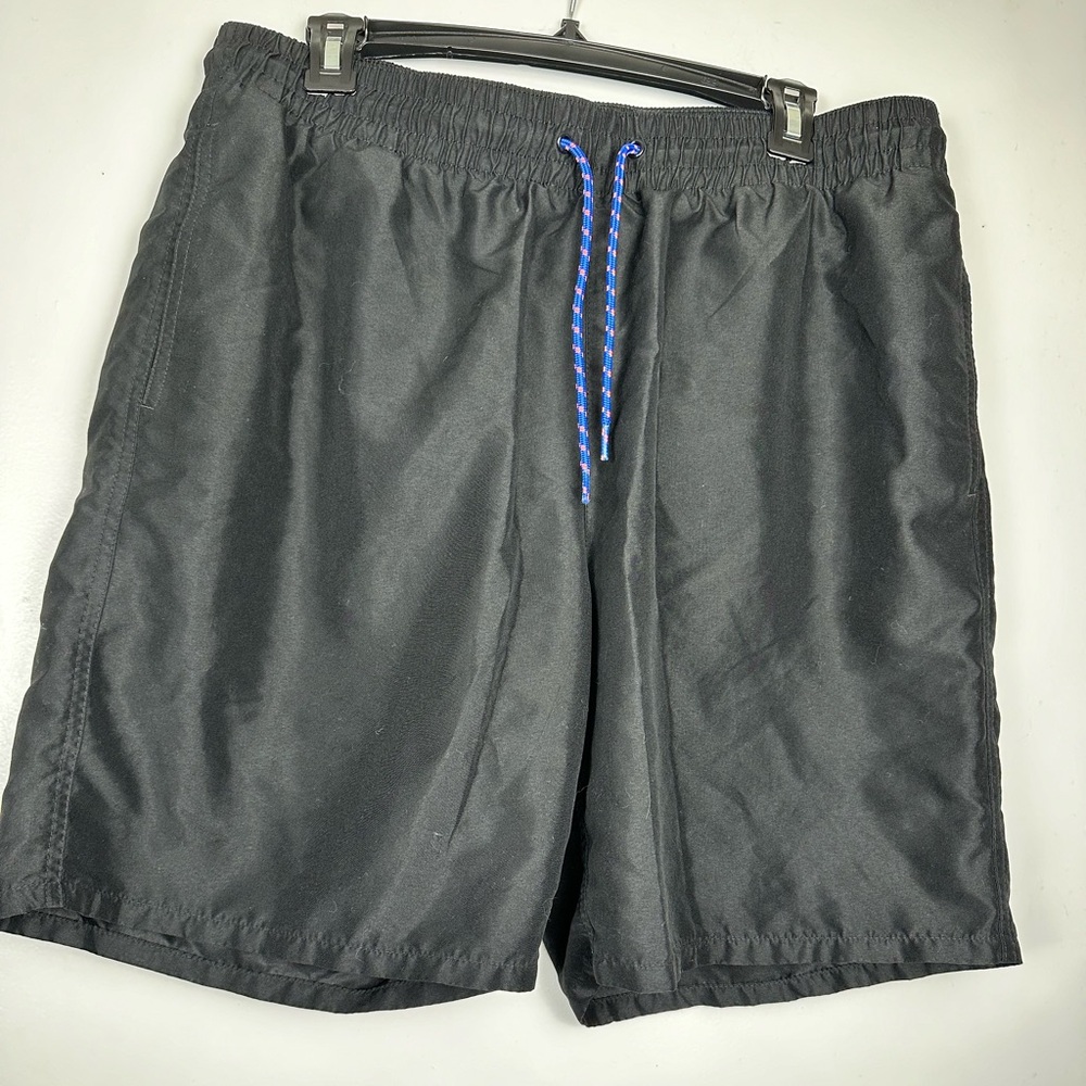 Old Navy Mens L Swim Trunks Black Drawstring Waist Blue Net Lining Back Pocket